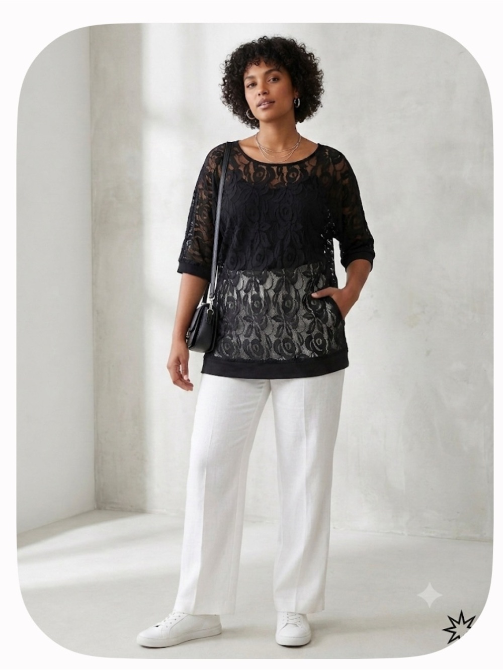 Romantic Black Lace Overlay Women's Top Plus SZ 2X